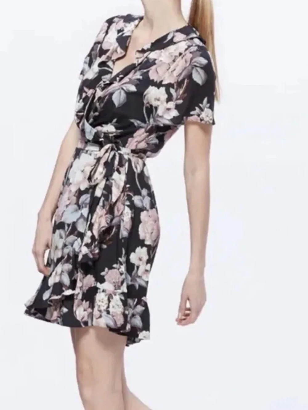 PAIGE Cardamom Floral Wrap Dress Black Evening Sand Ruffle Short Sleeve XS - Picture 2 of 15